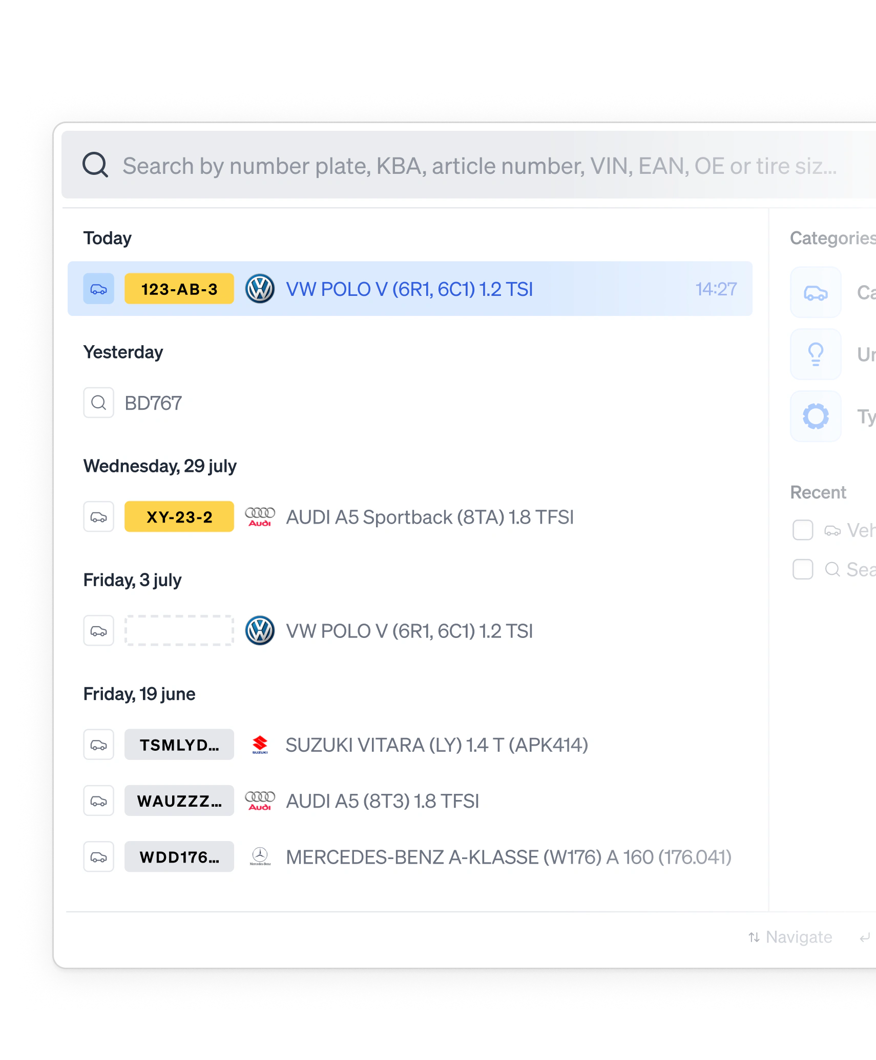 A search dialog listing recent licence plate lookups and the vehicles they matched
